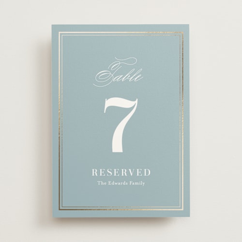 This is a powder blue table numbers with foil pressed by Jennifer Postorino called polished printing on doublethick in standard