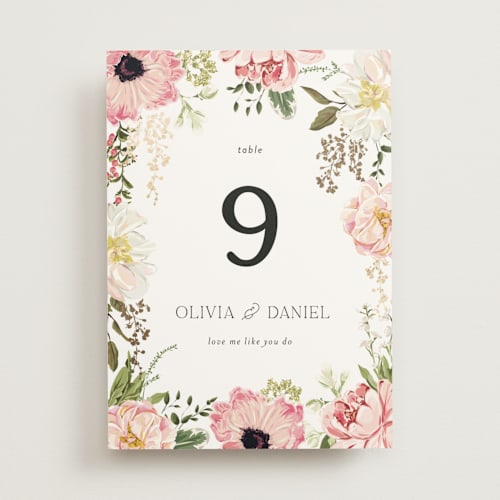 This is a peony table numbers with foil pressed by Susan Moyal called timeless blooms printing on doublethick in standard