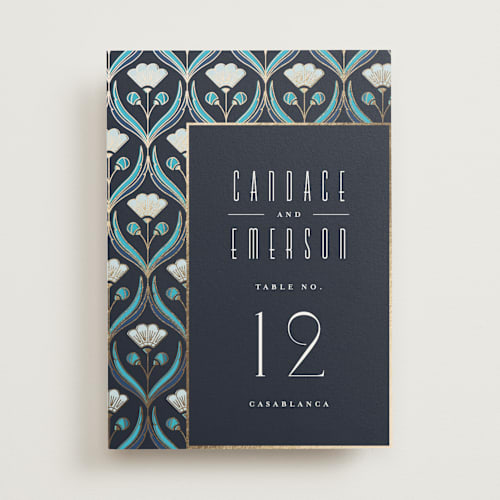 This is a cote d'azur table numbers with foil pressed by Ana de Sousa called deco pattern printing on doublethick in standard