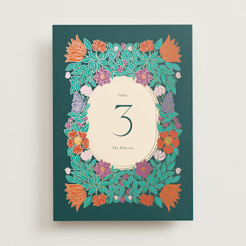This is a jungle table numbers with foil pressed by Simona Camp called tropical garden printing on doublethick in standard