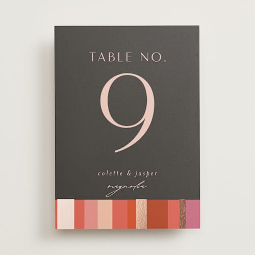 This is a fruit punch table numbers with foil pressed by Morgan Kendall called patchwork border printing on doublethick in standard