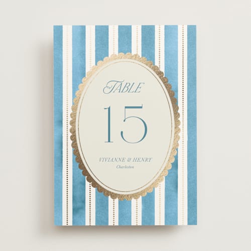 This is a sky table numbers with foil pressed by Jackie Crawford called knightsbridge printing on doublethick in standard