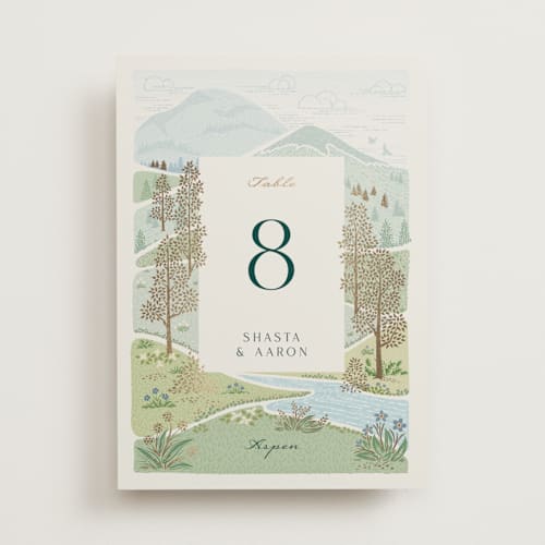 This is a evergreen table numbers with foil pressed by Paper Sun Studio called mountaintop printing on doublethick in standard