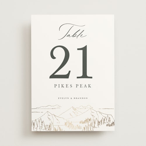 This is a hunter table numbers with foil pressed by Sarah Brown called peaks printing on doublethick in standard