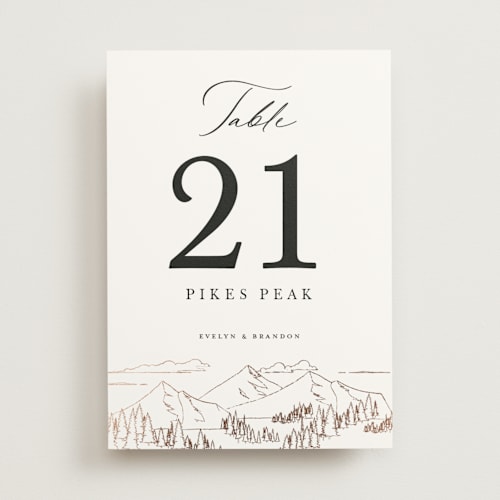 This is a porcelain table numbers with foil pressed by Sarah Brown called peaks printing on doublethick in standard
