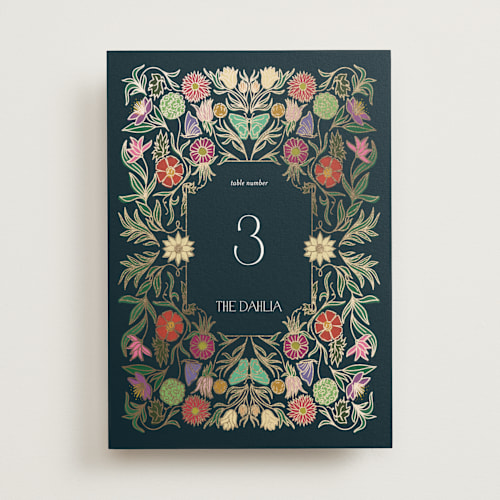 This is a midnight garden table numbers with foil pressed by Simona Camp called gilded tapestry printing on doublethick in standard