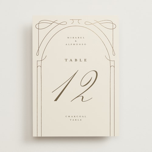 This is a cream table numbers with foil pressed by Katie Zimpel called simple art nouveau printing on doublethick in standard