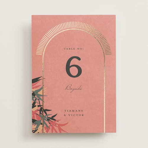 This is a coral table numbers with foil pressed by Julie Hebert called birds of paradise printing on doublethick in standard