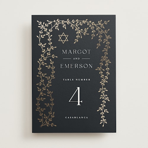 This is a midnight table numbers with foil pressed by Ana de Sousa called beautiful chuppah printing on doublethick in standard