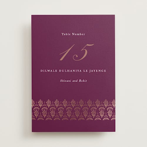 This is a amethyst table numbers with foil pressed by Mansi Verma called zardozi printing on doublethick in standard