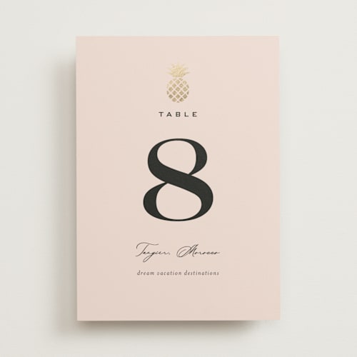 This is a blush table numbers with foil pressed by Laura Hamm called tropical getaway printing on doublethick in standard