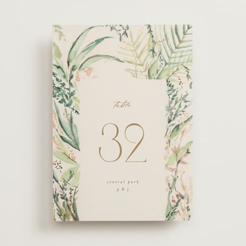 This is a greenery table numbers with foil pressed by Phrosné Barwood called fresh tropical printing on doublethick in standard