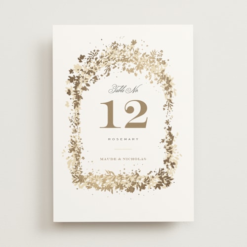 This is a honeysuckle table numbers with foil pressed by Leah Bisch called heritage printing on doublethick in standard