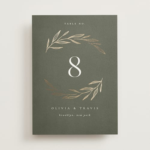 This is a moss table numbers with foil pressed by Kelly Schmidt called leaves printing on doublethick in standard