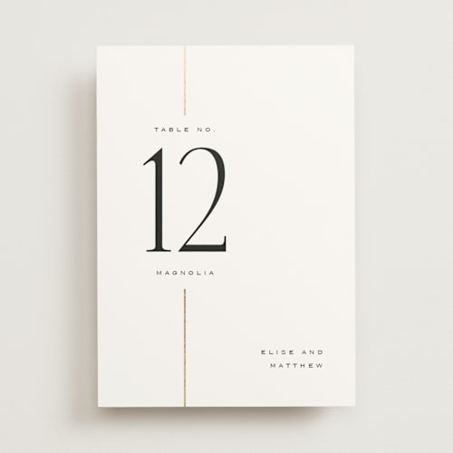 This is a silk table numbers with foil pressed by Laura Hankins called linear printing on doublethick in standard