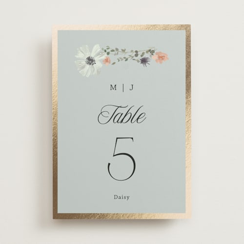 This is a mist table numbers with foil pressed by Hannah Williams called blue garden printing on doublethick in standard