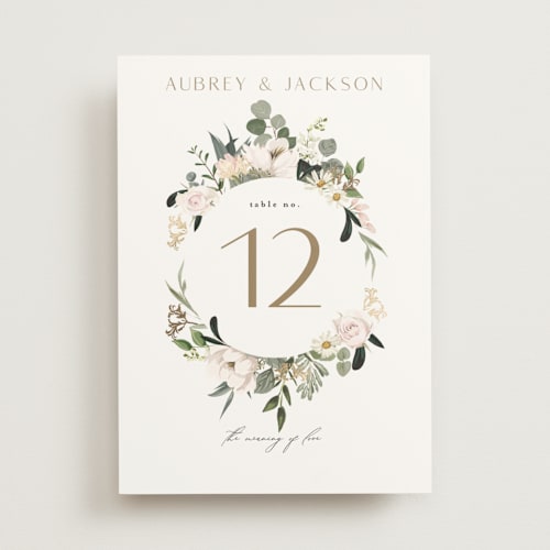 This is a verdant table numbers with foil pressed by Susan Moyal called country garden printing on doublethick in standard