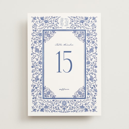 This is a cobalt table numbers with standard by Jenna Holcomb called tapestry printing on doublethick in standard