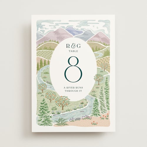 This is a pine table numbers with standard by Paper Sun Studio called river valley printing on doublethick in standard