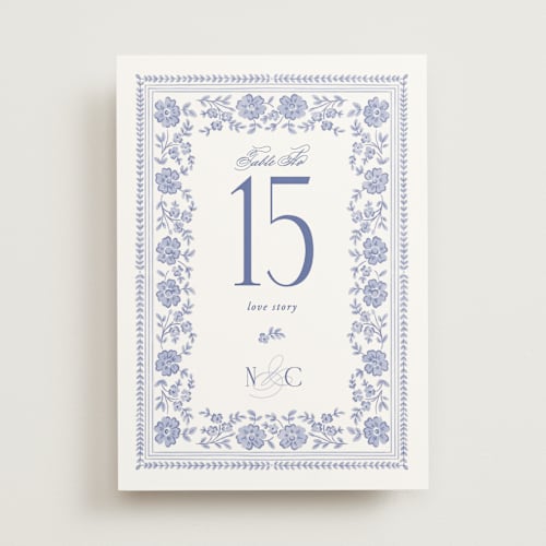 This is a cerulean table numbers with standard by Jenna Holcomb called embroidered printing on doublethick in standard