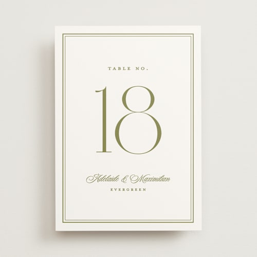 This is a olive table numbers with standard by Ellen Schlegelmilch called museo printing on doublethick in standard