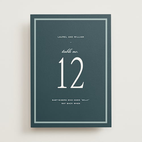 This is a teal table numbers with standard by Sara Hicks Malone called dewberry printing on doublethick in standard