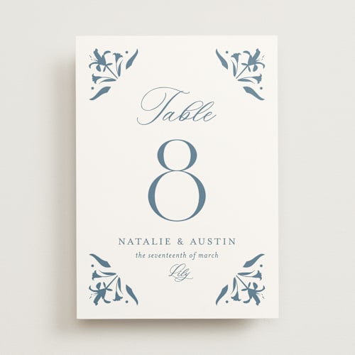 This is a dusty blue table numbers with standard by Jennifer Postorino called calia printing on doublethick in standard