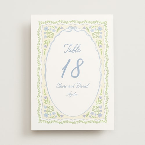 This is a powder blue table numbers with standard by Creo Study called folk garden printing on doublethick in standard