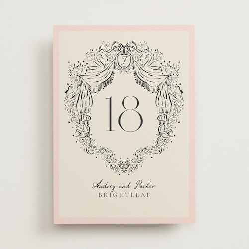 This is a peony table numbers with standard by Jackie Crawford called hand illustrated crest printing on doublethick in standard
