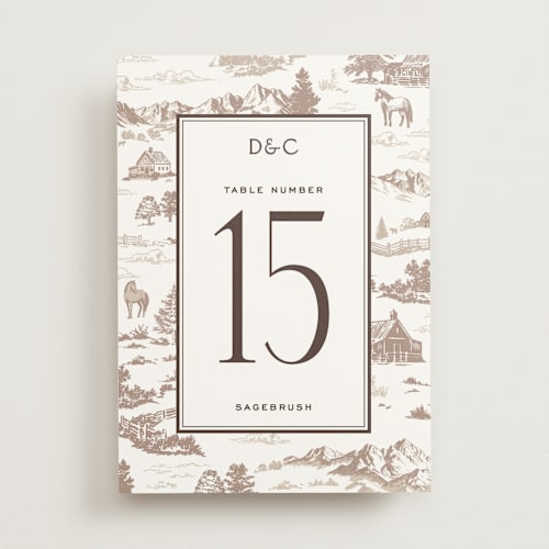 This is a leather table numbers with standard by Jenna Holcomb called mountain ranch toile printing on doublethick in standard