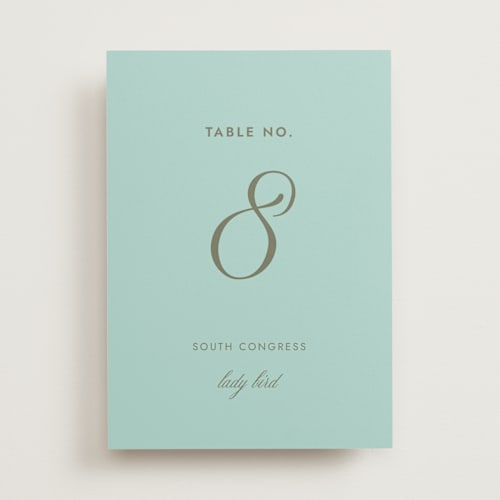 This is a haint blue table numbers with standard by Megan Davis called montauk printing on doublethick in standard