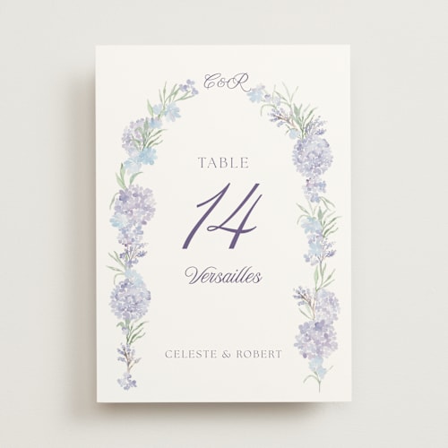 This is a toscana table numbers with standard by Claudia Orengo called hydrangea printing on doublethick in standard