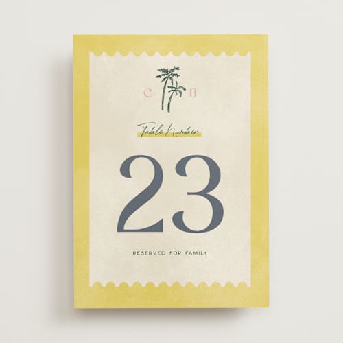 This is a island citrus table numbers with standard by Pixel and Hank called coastal drift printing on doublethick in standard
