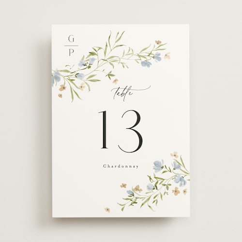This is a porcelain table numbers with standard by Everett Paper Goods called sweeping meadow printing on doublethick in standard