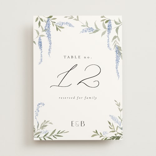 This is a bluebird table numbers with standard by Design Lotus called enchanted evening printing on doublethick in standard