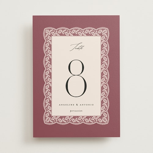 This is a mauve table numbers with standard by Erica Krystek called chantilly printing on doublethick in standard