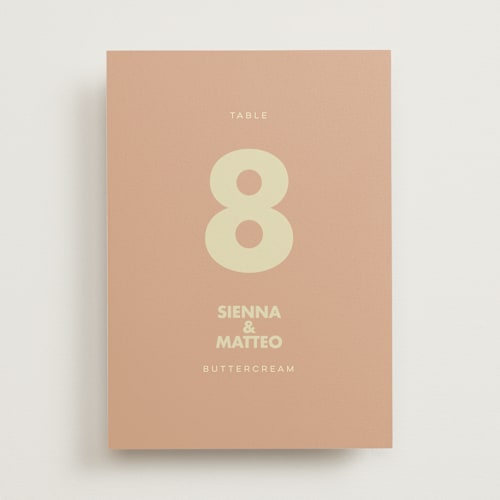 This is a salmon table numbers with standard by Ellen Schlegelmilch called sienna printing on doublethick in standard