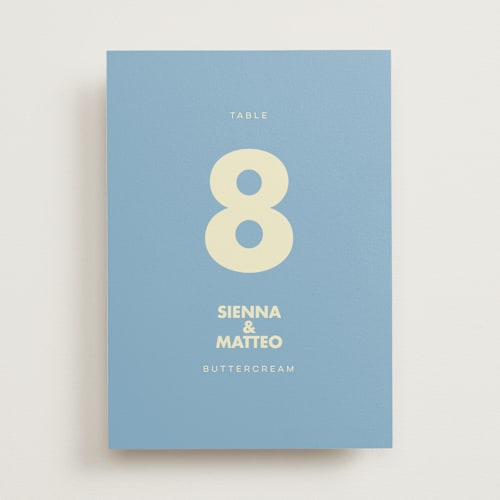 This is a skyblue table numbers with standard by Ellen Schlegelmilch called sienna printing on doublethick in standard