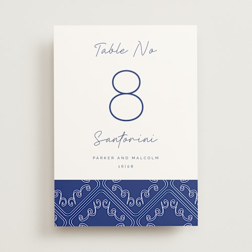 This is a cerulean table numbers with standard by Zani van Zyl called santorini printing on doublethick in standard