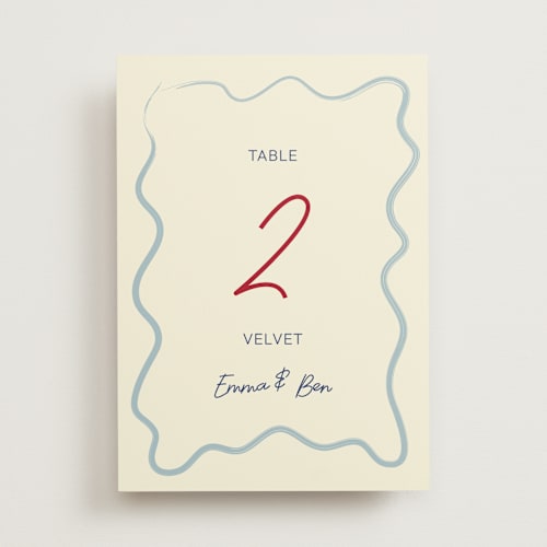 This is a blue velvet table numbers with standard by Helena Vitto called handwritten letter printing on doublethick in standard
