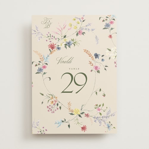 This is a english garden table numbers with standard by Phrosné Barwood called whimsey floral printing on doublethick in standard