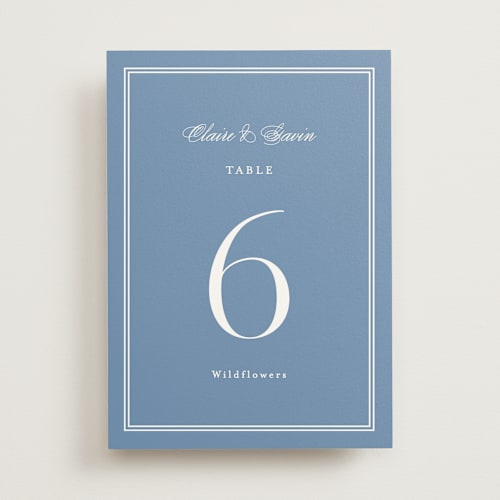This is a french blue table numbers with standard by Carolyn MacLaren called timeless together printing on doublethick in standard