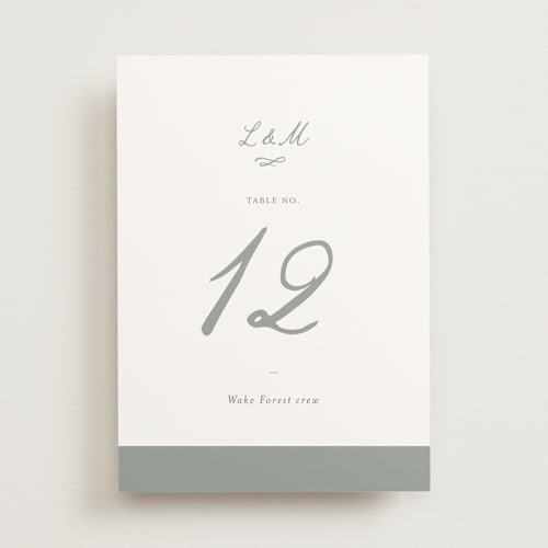 This is a sage table numbers with standard by Sara Hicks Malone called signature monogram printing on doublethick in standard