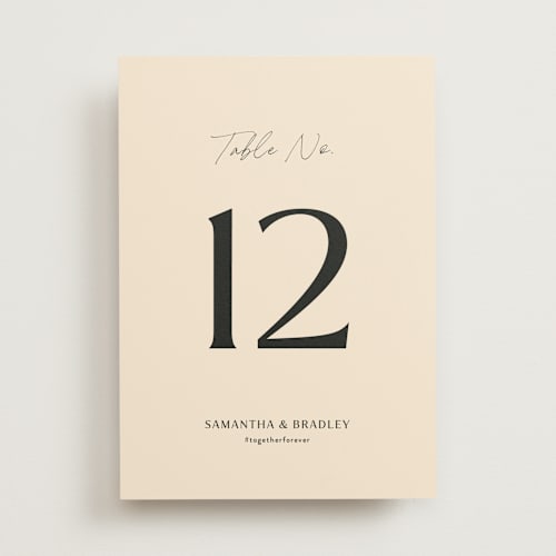 This is a champagne table numbers with standard by Wallace Design Co. called french whimsy script printing on doublethick in standard