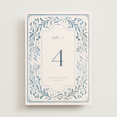 This is a delft blue table numbers with standard by Ashley DeMeyere called porcelain printing on doublethick in standard