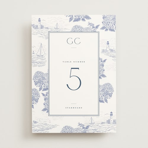 This is a periwinkle table numbers with standard by Jenna Holcomb called coastal toile printing on doublethick in standard