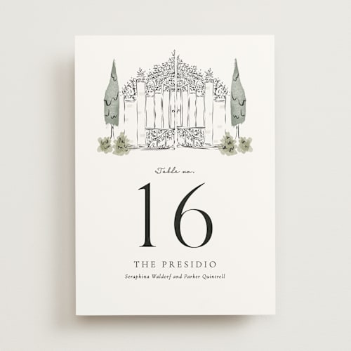 This is a forest table numbers with standard by Jackie Crawford called hand illustrated garden gate printing on doublethick in standard