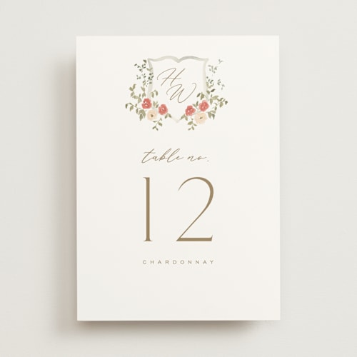 This is a pomegranate table numbers with standard by Everett Paper Goods called roses crest printing on doublethick in standard