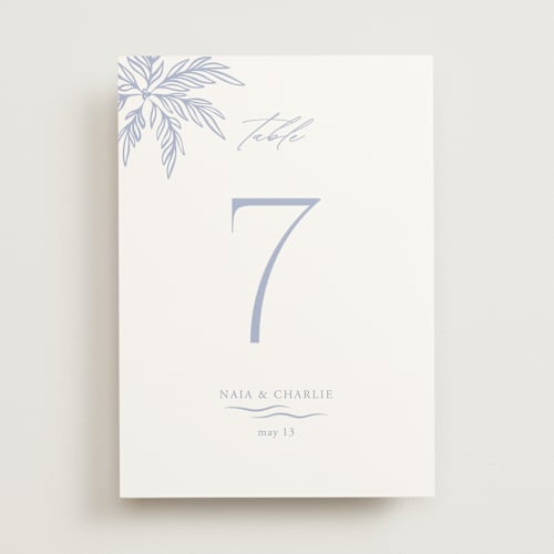 This is a pale cerulean table numbers with standard by Sabrin Deirani called ocean dreams printing on doublethick in standard