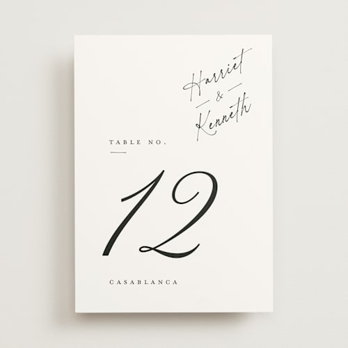 This is a linen table numbers with standard by Ana de Sousa called scripted elegance printing on doublethick in standard